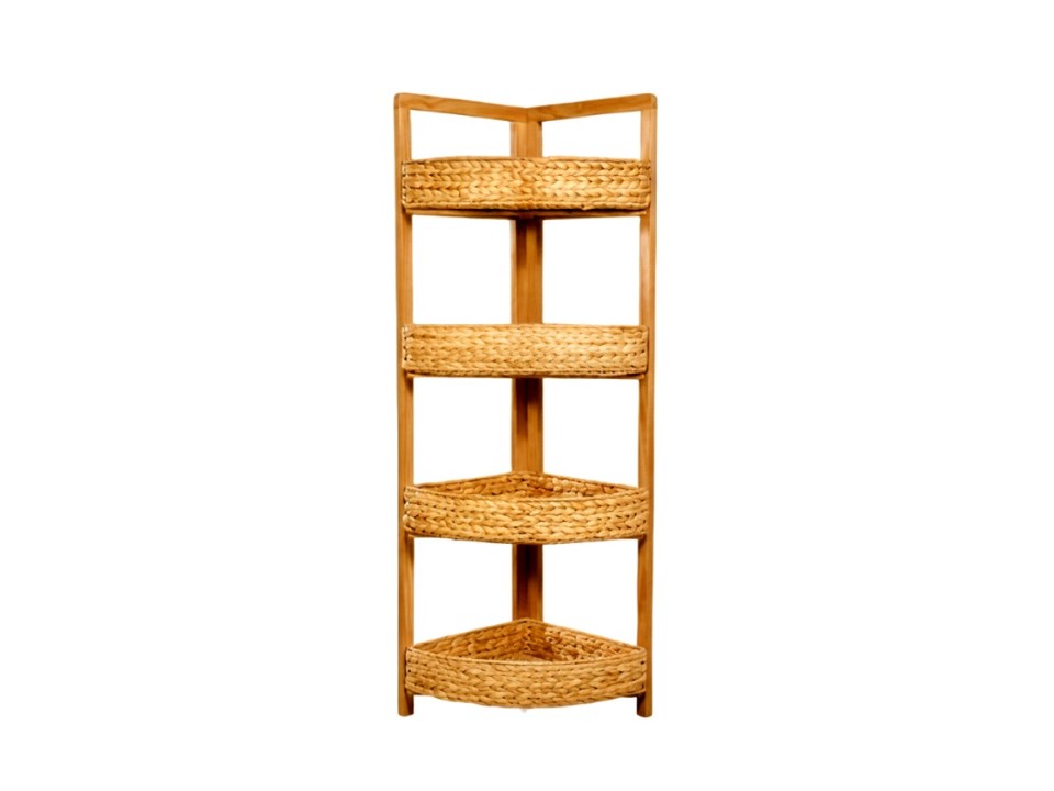 Refined Water Hyacinth 4-Tier Halfmoon Basket Shelf with Pine Wood Frame